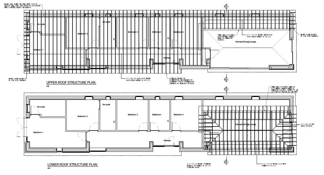 6 Common Road, Snettisham, Norfolk - Architectural floor plan showing upper and lower roof structure plans with detailed room layouts including 4 bedrooms (2 with ensuites), hallway, and kitchen/dining/lounge area